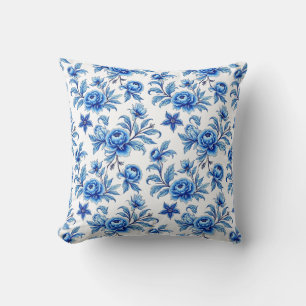 Blue and White Asian Floral Cushion