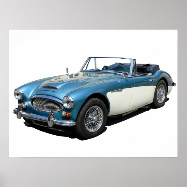 Blue and white Austin Healey 3000 Sports Car Poster (Front)