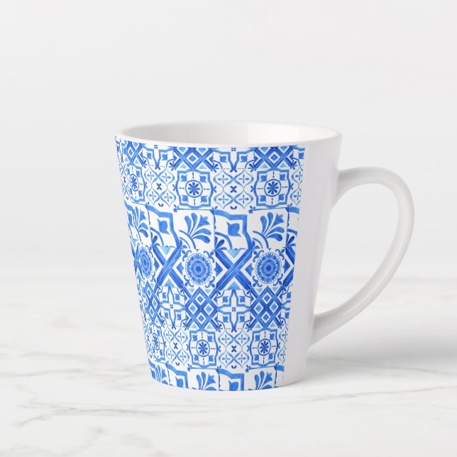 Blue and White Azulejo Spanish Azul Pattern Latte Mug (Right)