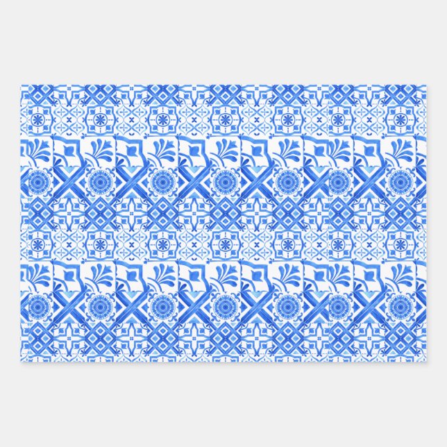 Blue and White Azulejo Spanish Azul Pattern Wrappi Wrapping Paper Sheet (Front)