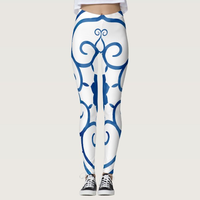 Blue and White Azulejos Tile Vintage Pattern  Leggings (Front)