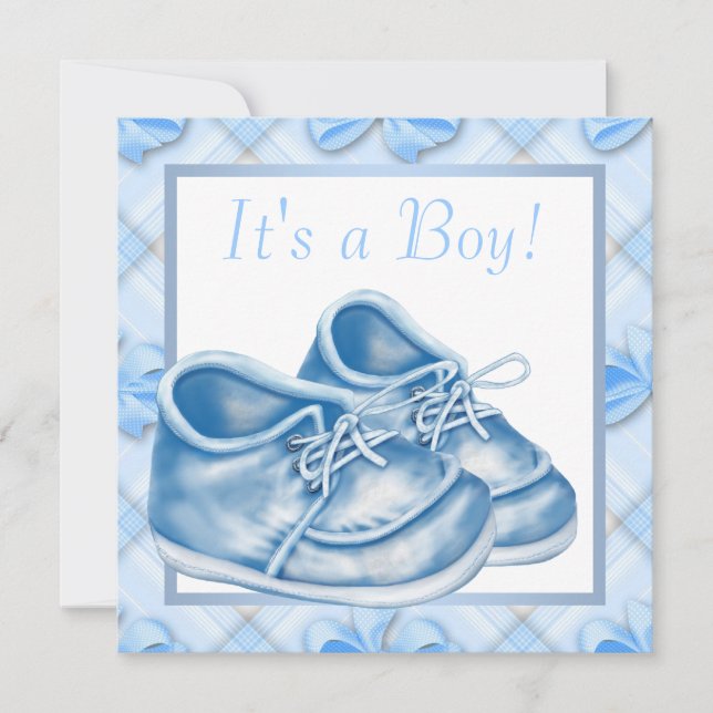 Blue and White Baby Shoes Boy Shower Invitation (Front)
