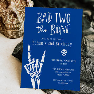 Blue and White Bad Two The Bone 2nd Birthday Party Invitation