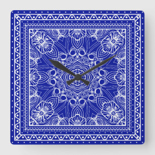 blue and white bandanna design square wall clock