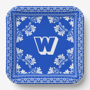 Blue and White Bandanna Design With Monogram Paper Plate