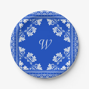 Blue and White Bandanna With Monogram Paper Plate