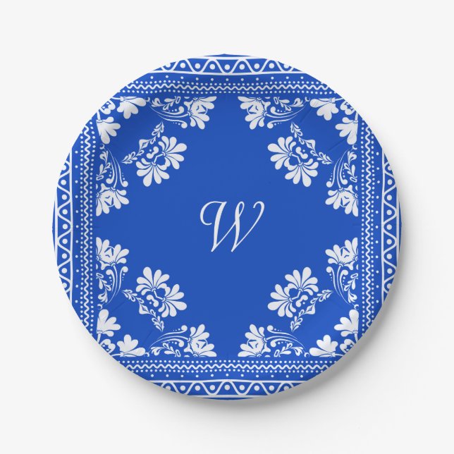 Blue and White Bandanna With Monogram Paper Plate (Front)