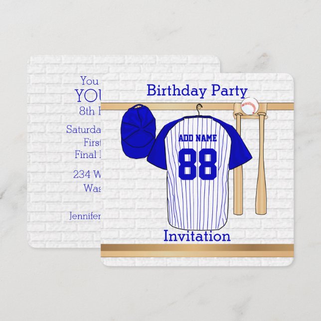 Blue and White Baseball Jersey Birthday Party Invitation (Front/Back)