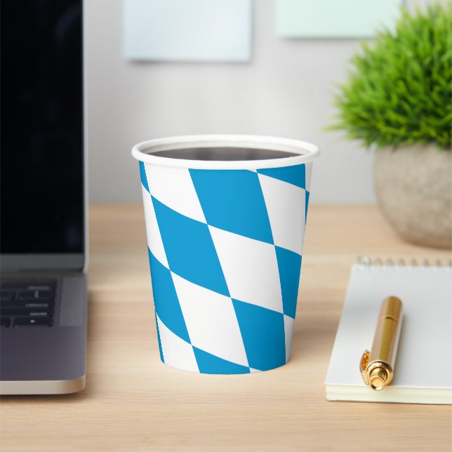 Blue and White Bavaria Diamond Flag Pattern Paper Cups (Insitu)