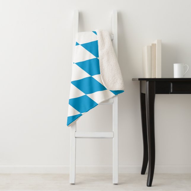 Blue and White Bavaria Diamond Flag Pattern Sherpa Blanket (In Situ)