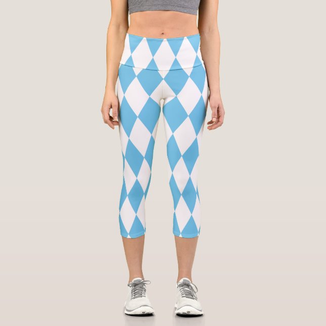 Blue and White Bavaria Rhombus Flag Pattern Capri Leggings (Front)