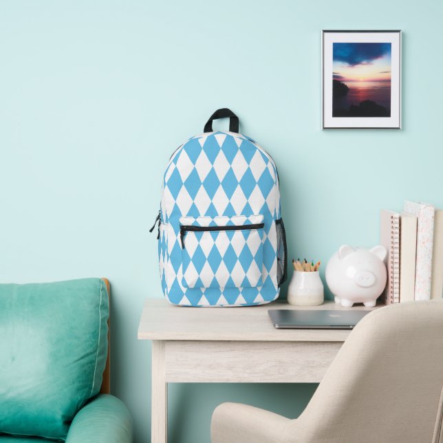 Blue and White Bavaria Rhombus Flag Pattern Printed Backpack (Insitu)