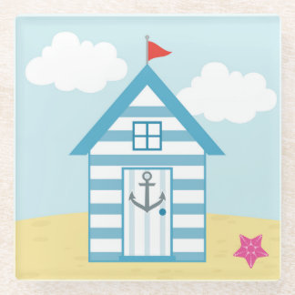 Blue and White Beach Hut Glass Coaster