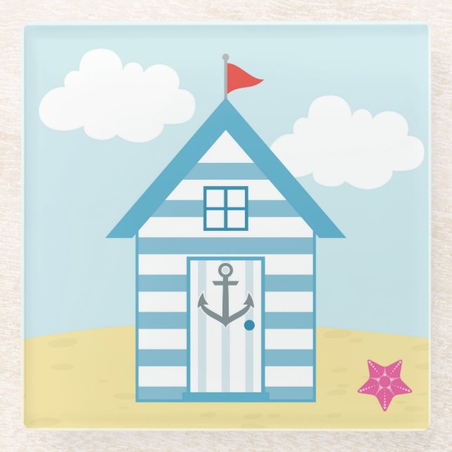 Blue and White Beach Hut Glass Coaster (Front)