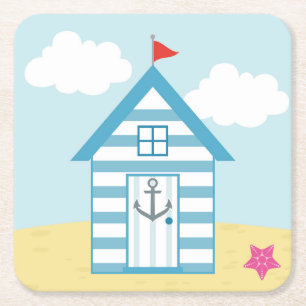Blue and White Beach Hut Square Paper Coaster