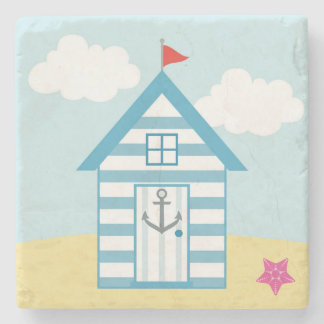 Blue and White Beach Hut Stone Coaster