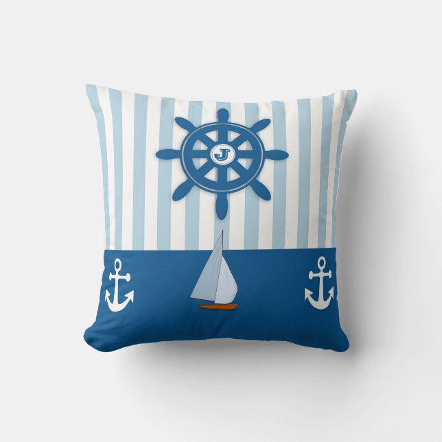 Blue and White Beach Nautical Monogram Cushion (Front)