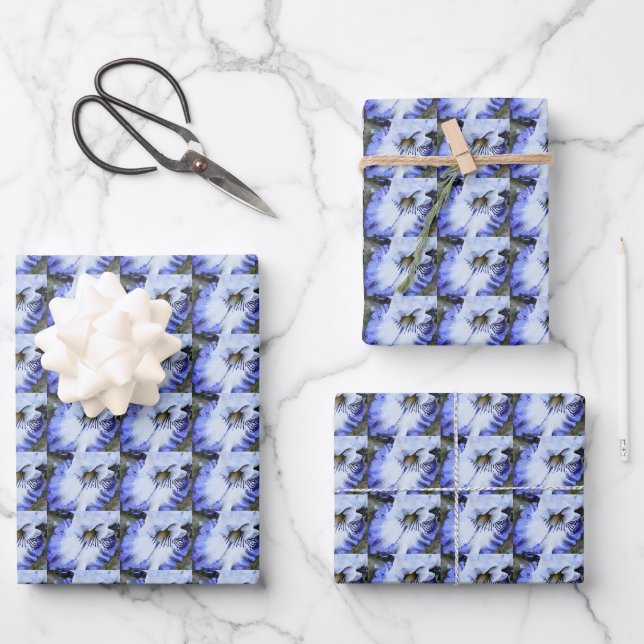 Blue and White Bearded Iris Floral Pattern Wrapping Paper Sheet (Front)