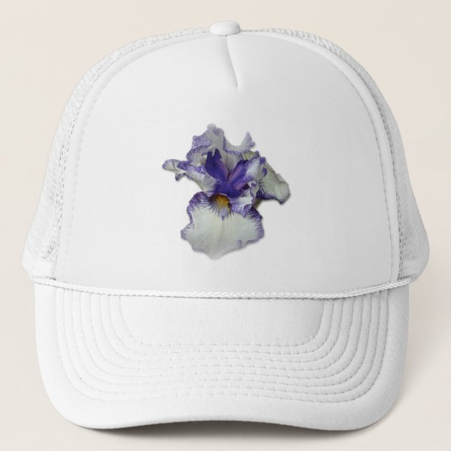 Blue and White Bearded Iris Flower Trucker Hat (Front)