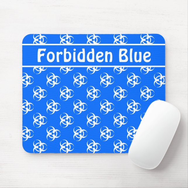 Blue and White Biohazard Mousepad w/ Custom Text (With Mouse)