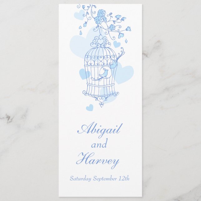 Blue and white bird cage wedding dinner menu (Front)