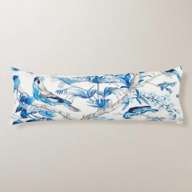 Blue and White Bird Oriental Chinoiserie  Body Cushion (Front)