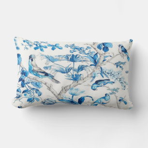 Blue and White Bird Oriental Chinoiserie  Lumbar Cushion