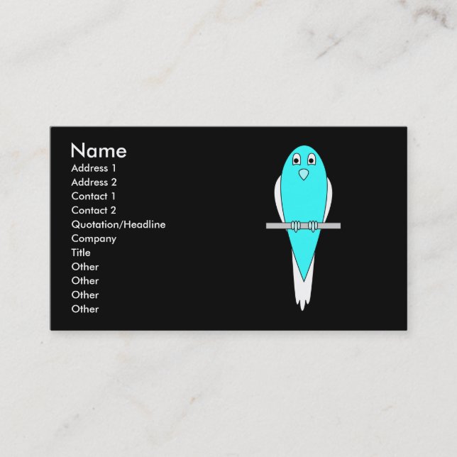 Blue and White Bird. Parakeet. Black. Business Card (Front)
