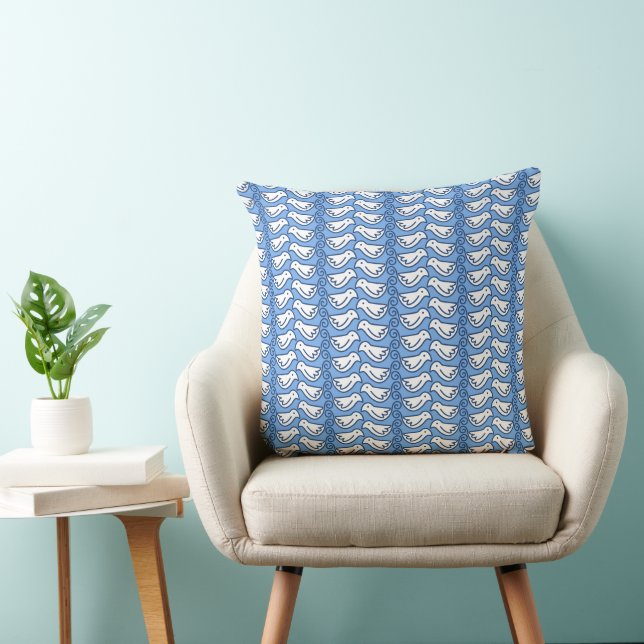 Blue and White Birds and Stripes Throw Pillow (Chair)