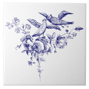 Blue and White Birds On Flowers Tile