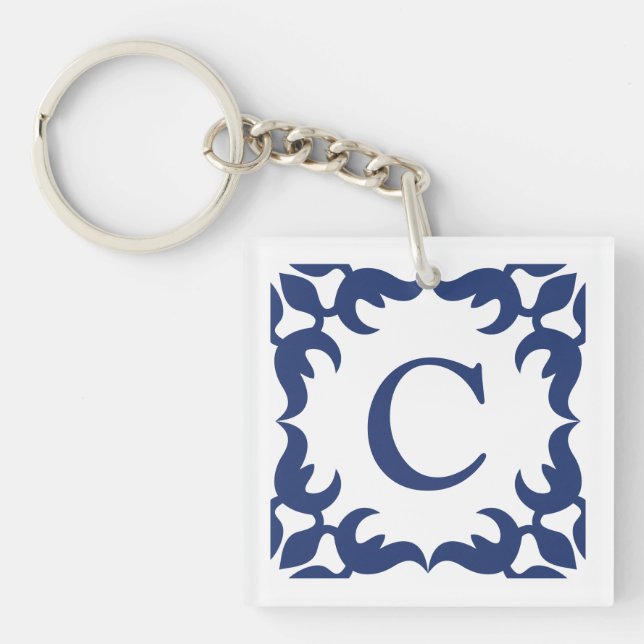Blue and White Blue Scroll Frame Monogram Key Ring (Front)