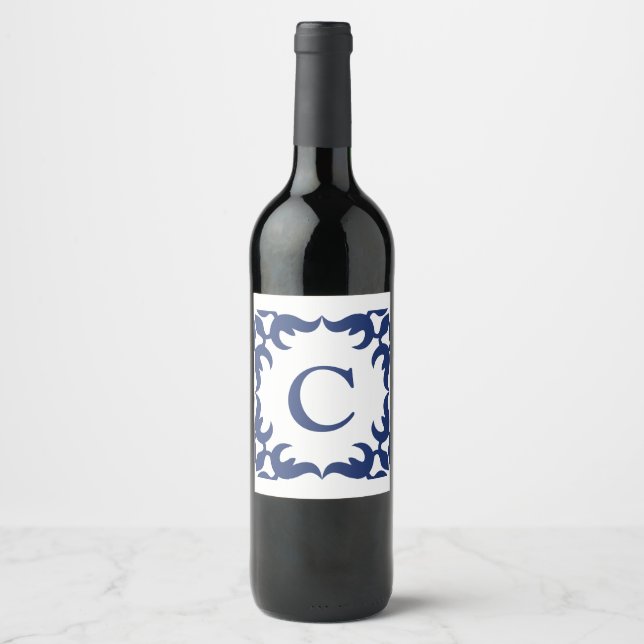 Blue and White Blue Scroll Frame Monogram Wine Label (Front)