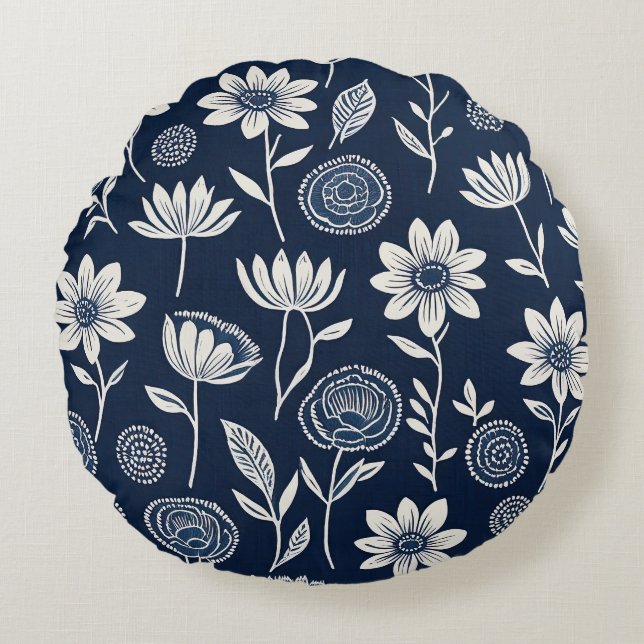 blue and white boho floral - Block print-style Round Cushion (Front)