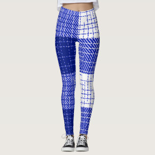 Blue and White Bold Checkered Plaid Design  Leggings