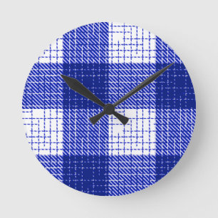 Blue and White Bold Checkered Plaid Design Round Clock