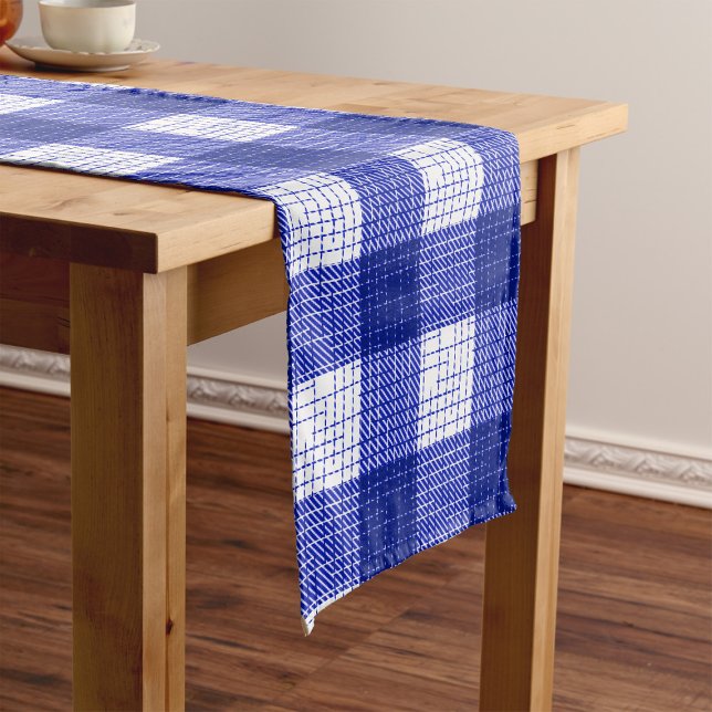 Blue and White Bold Checkered Plaid Design  Short Table Runner (Creator Uploaded)