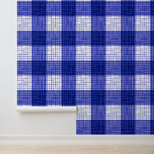 Blue and White Bold Checkered Plaid Design Wallpaper