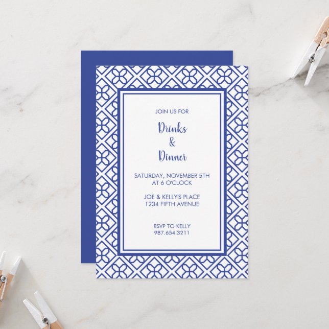 BLUE AND WHITE BORDER ELEGANT PARTY INVITATION (Front/Back In Situ)