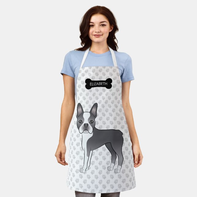 Blue And White Boston Terrier Cartoon Dog & Name Apron (Worn)