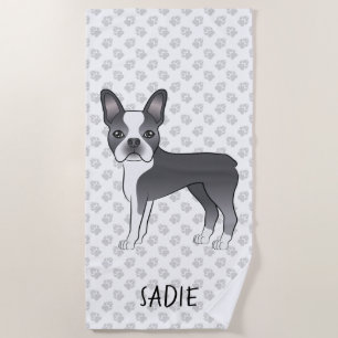 Blue And White Boston Terrier Cartoon Dog & Name Beach Towel