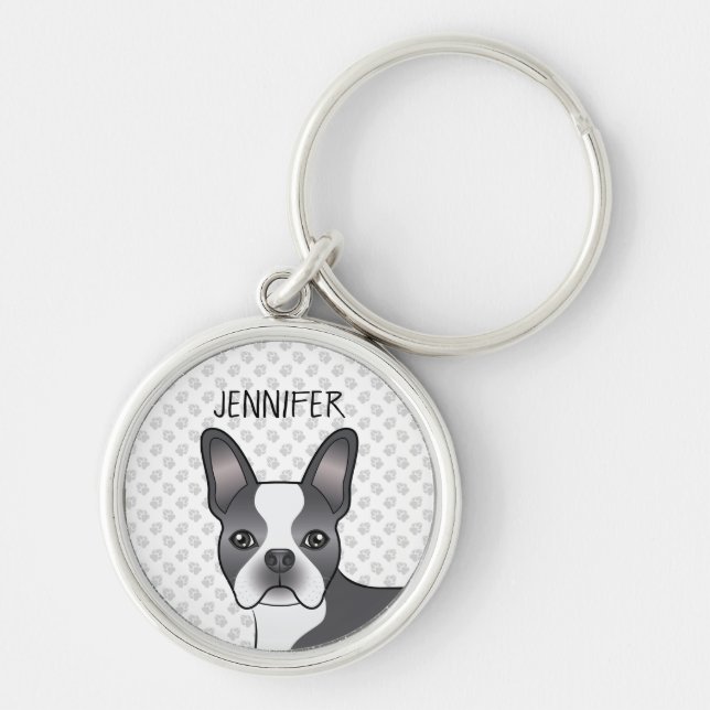 Blue And White Boston Terrier Cartoon Dog & Name Key Ring (Front)
