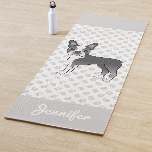 Blue And White Boston Terrier Cartoon Dog & Name Yoga Mat (In Situ)