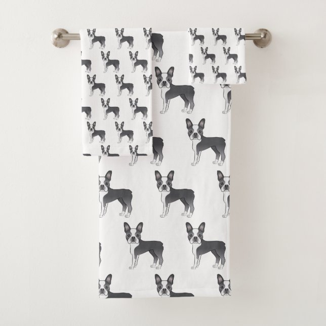 Blue And White Boston Terrier Cartoon Dog Pattern Bath Towel Set (Insitu)