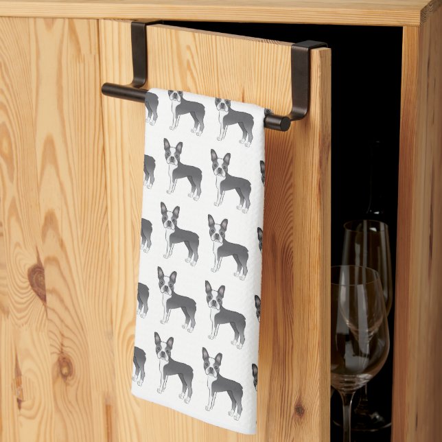 Blue And White Boston Terrier Cartoon Dog Pattern Tea Towel (Thirds Fold)