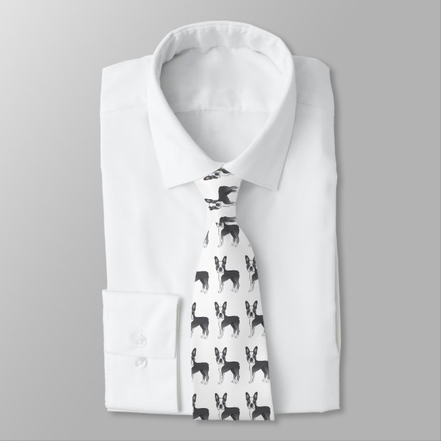 Blue And White Boston Terrier Cartoon Dog Pattern Tie (Tied)