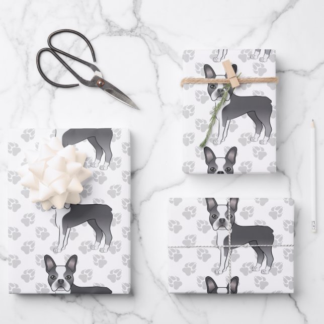 Blue And White Boston Terrier Cartoon Dog Pattern Wrapping Paper Sheet (Front)