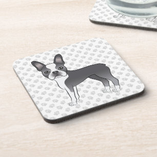 Blue And White Boston Terrier Cartoon Dog & Paws Coaster