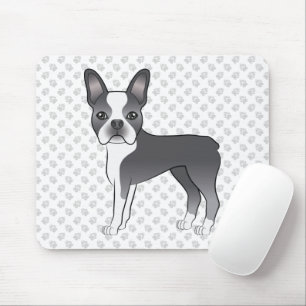 Blue And White Boston Terrier Cartoon Dog & Paws Mouse Mat