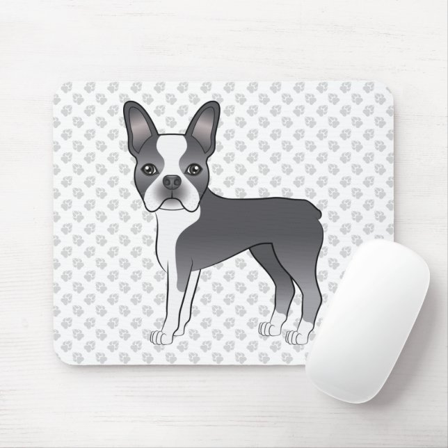 Blue And White Boston Terrier Cartoon Dog & Paws Mouse Mat (With Mouse)