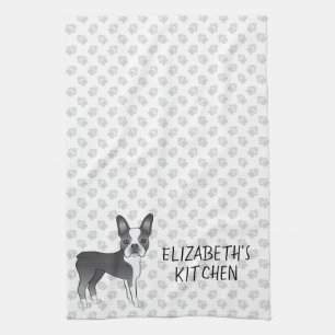 Blue And White Boston Terrier Cartoon Dog & Text Tea Towel